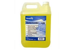 Suma combi+ LA6 liquid machine dishwash detergent with built-in-rinse-aid for medium/hard water.